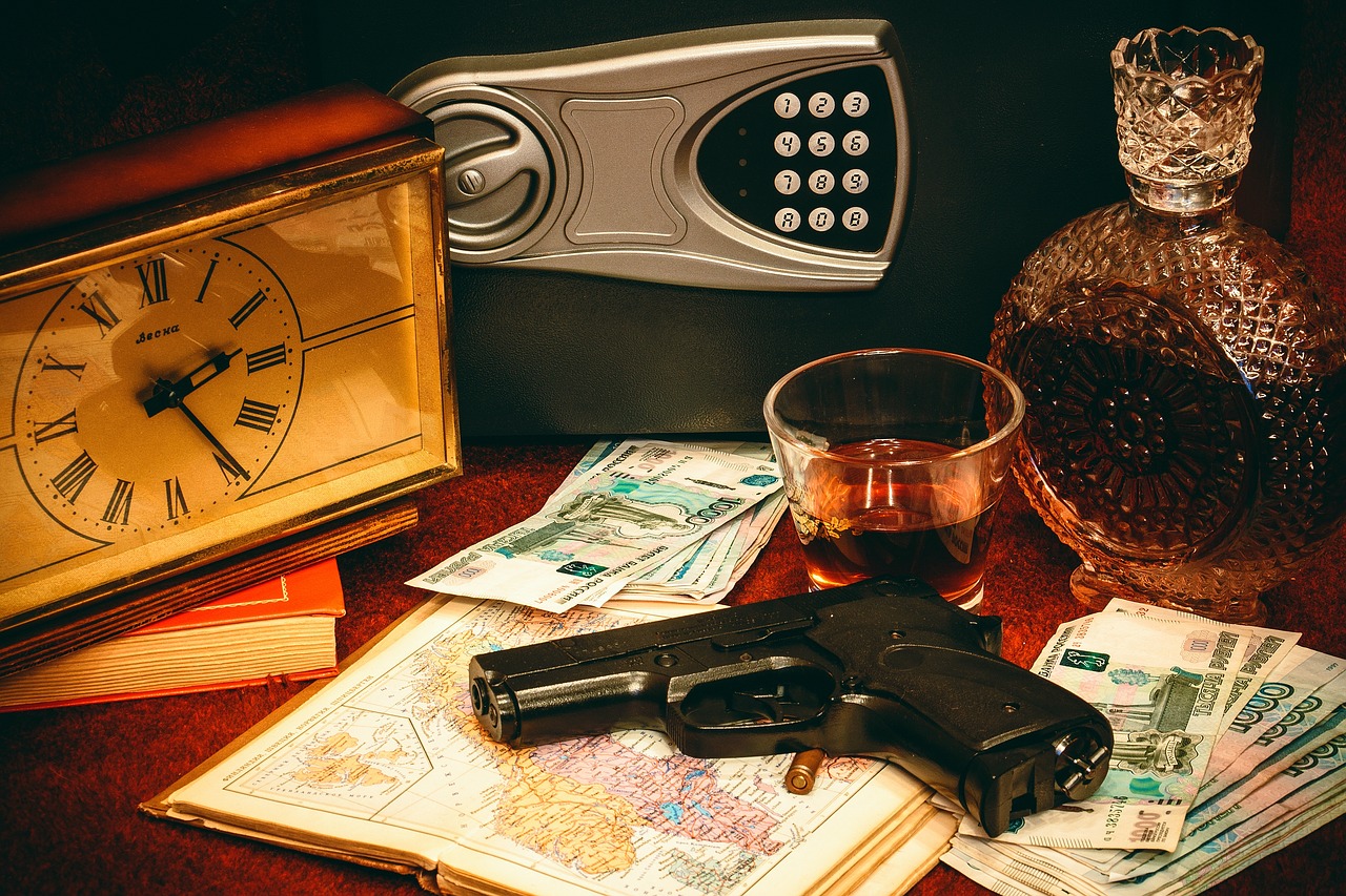 Image - safety deposit box gun money clock