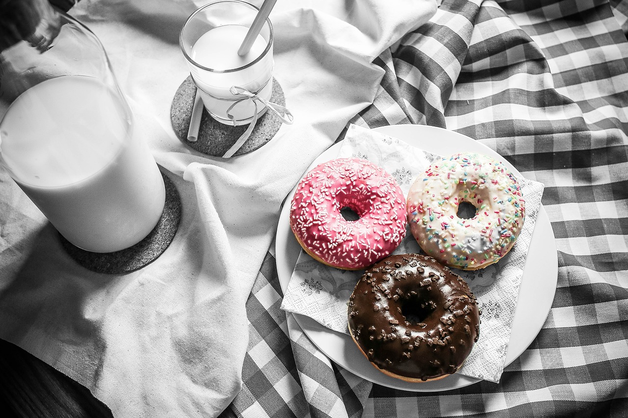 Image - food donuts milk table color pop