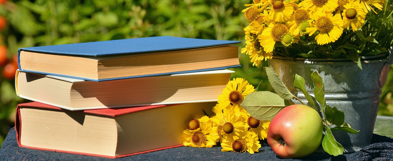 Image - books read garden sun brews apple