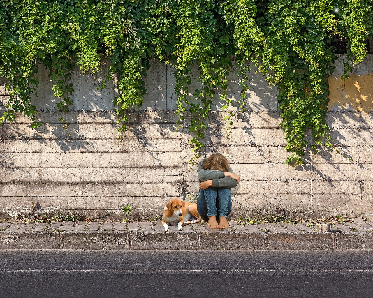 Image - child sad solitude animal wall