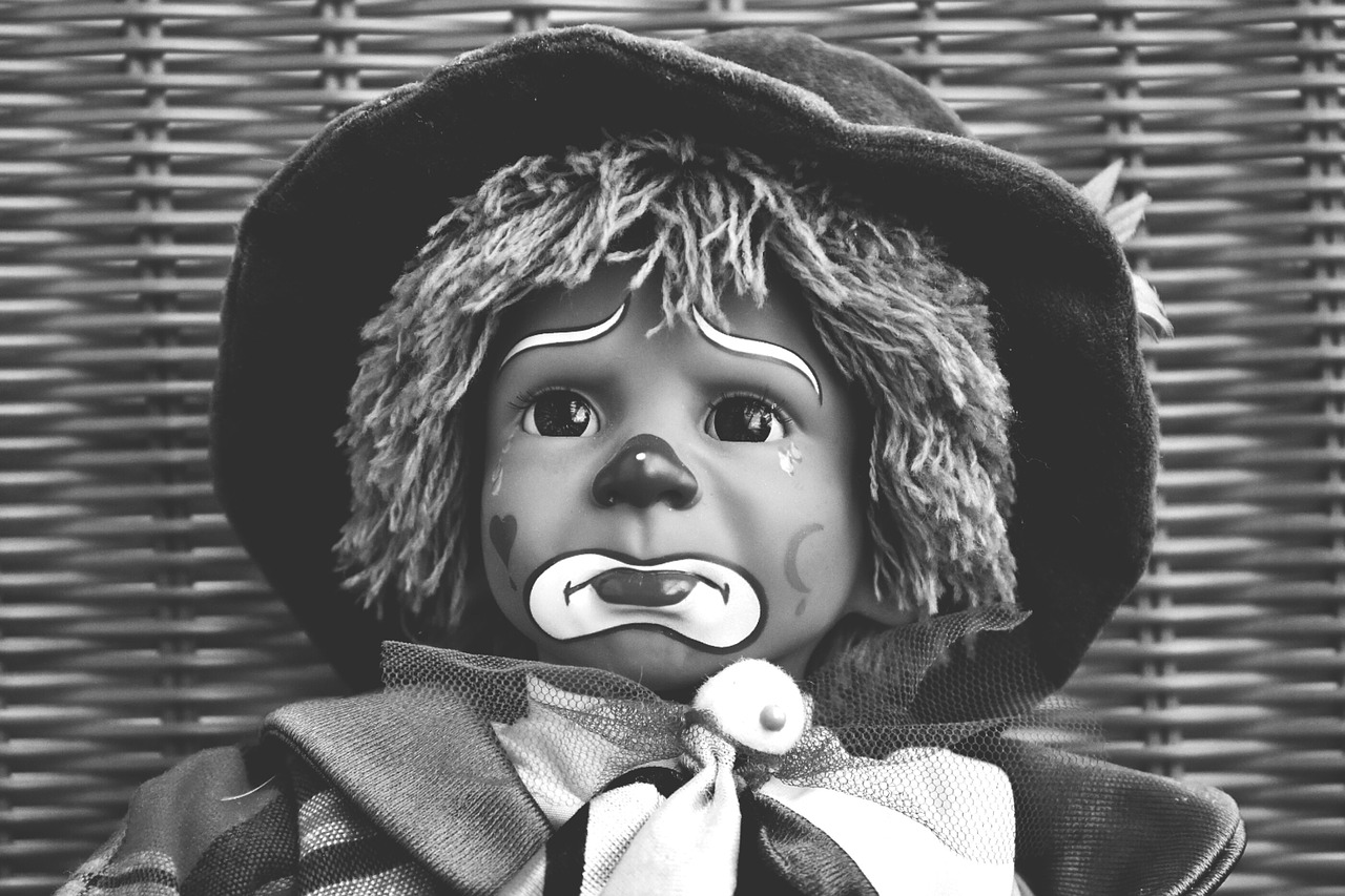 Image - doll clown sad black and white