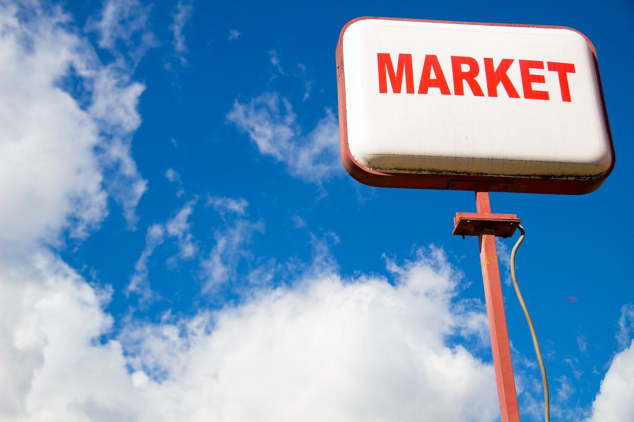 Image - signboard sky shop market clouds