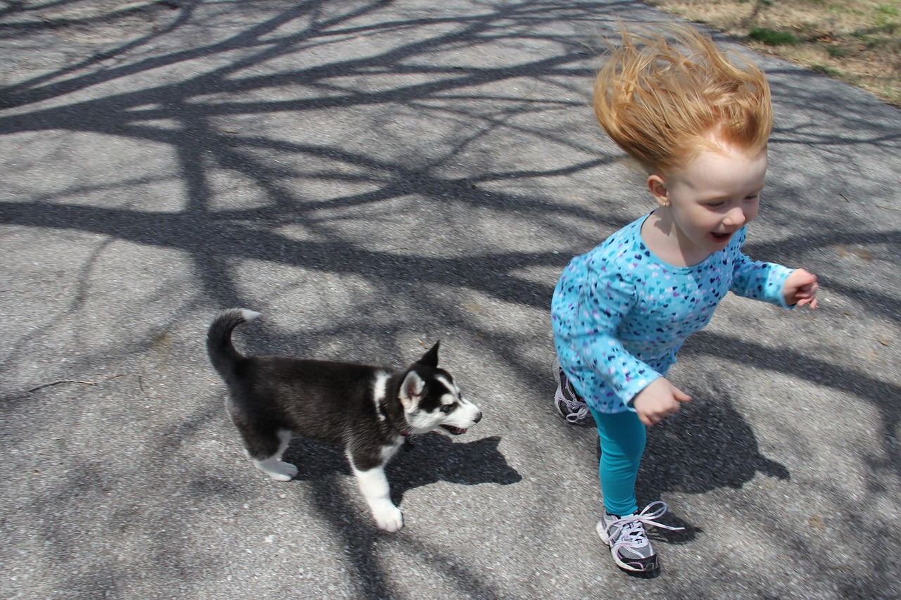 Image - puppy child run fun dog pet girl