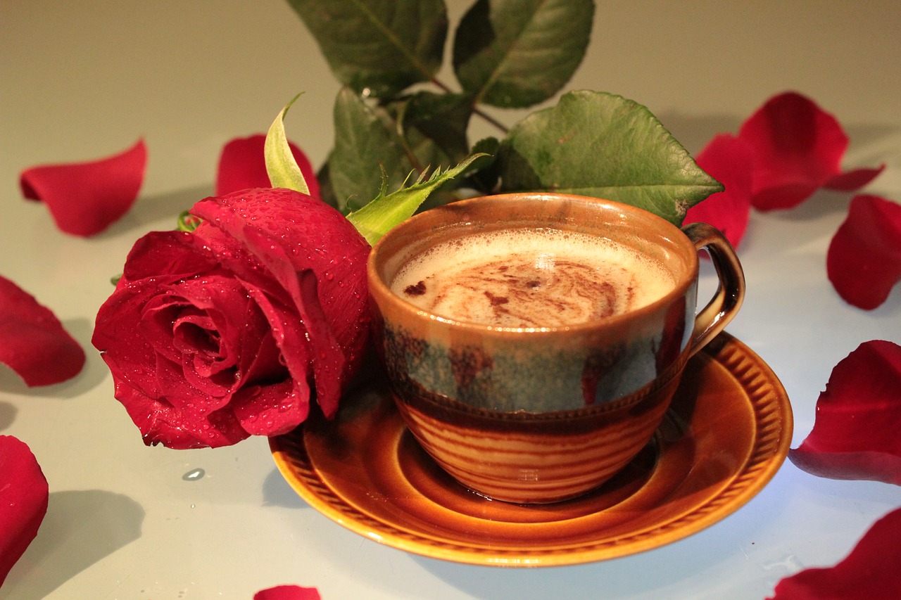 Image - rose coffee cup foam drink petals