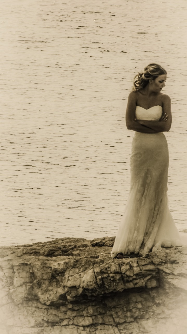 Image - woman rock sea dress romantic