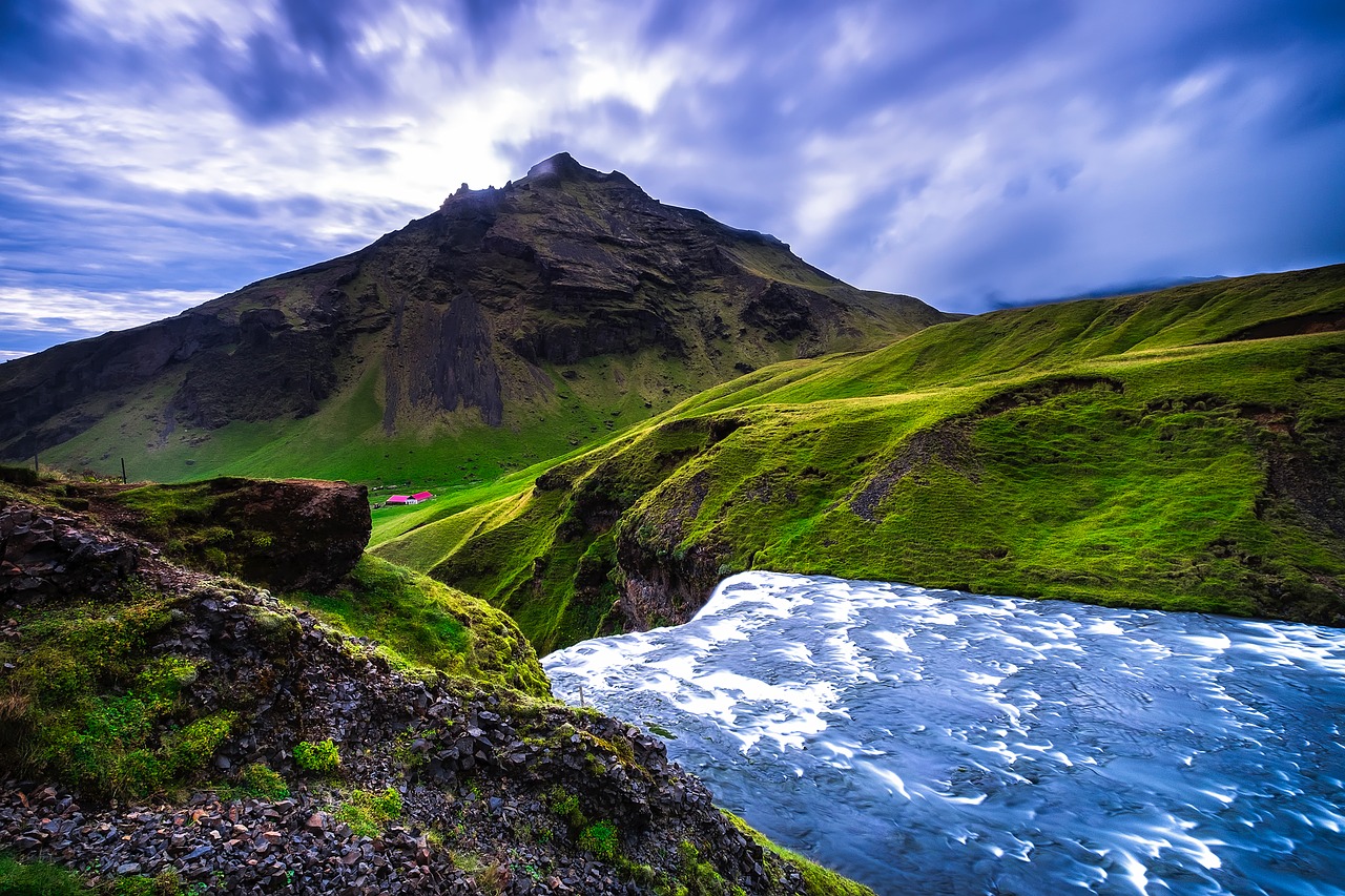 Image - iceland mountains sky clouds river