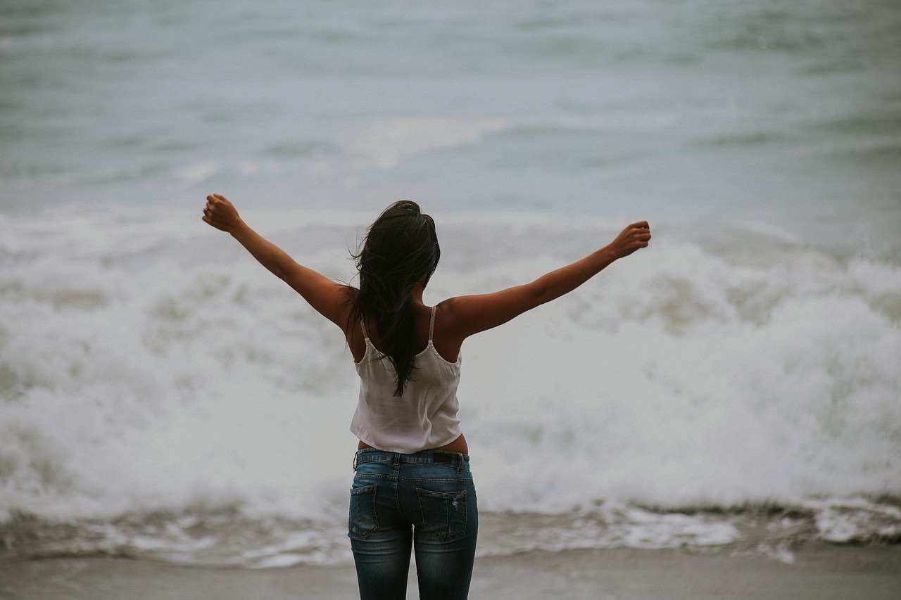 Image - beach blue jeans lady person sand