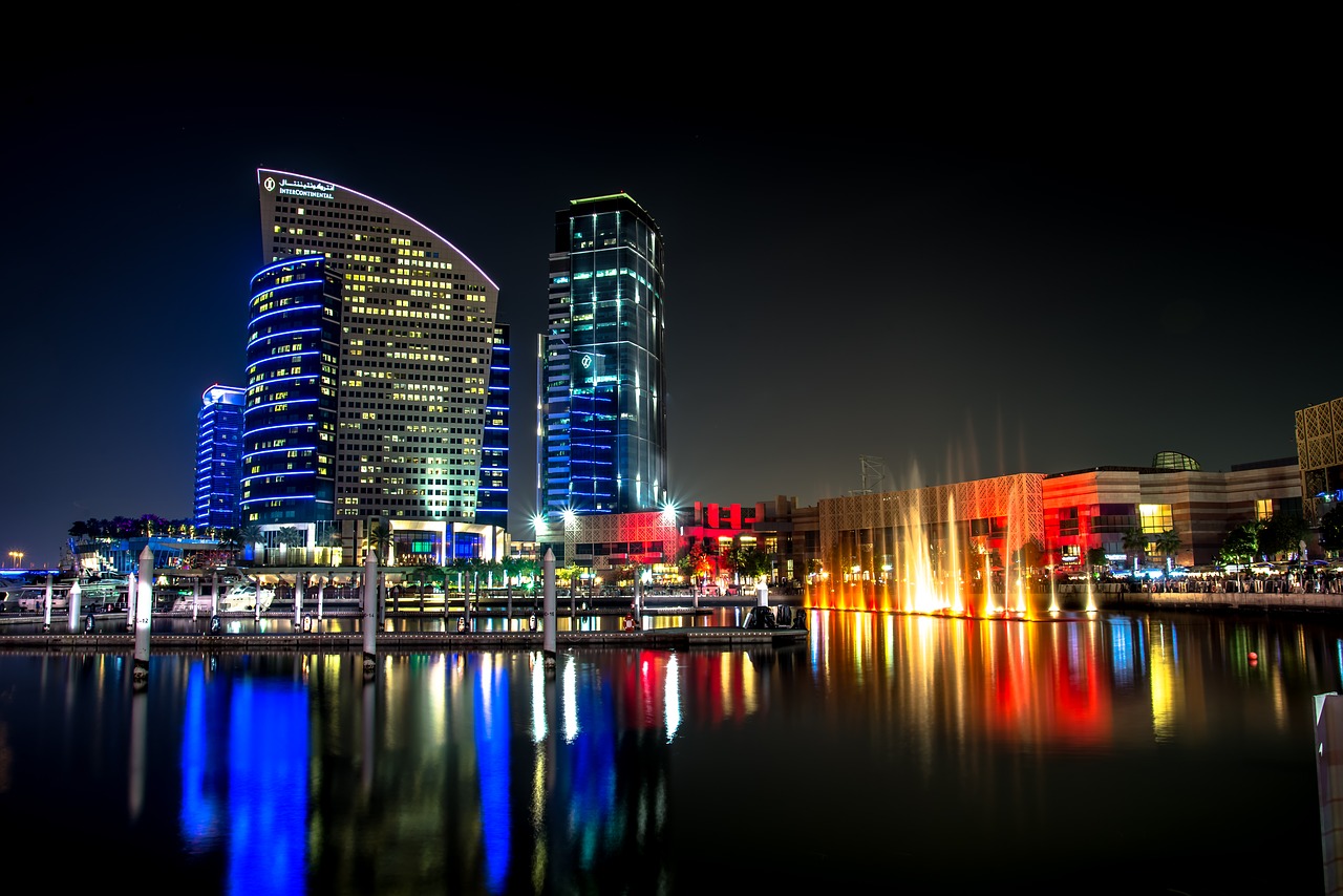 Image - buildings city dubai lake night