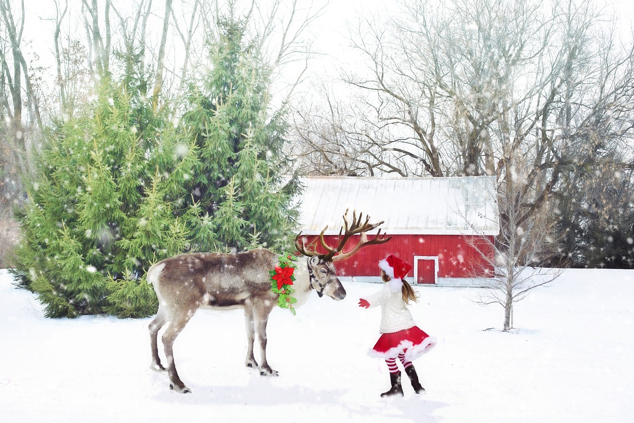 Image - christmas scene reindeer little girl