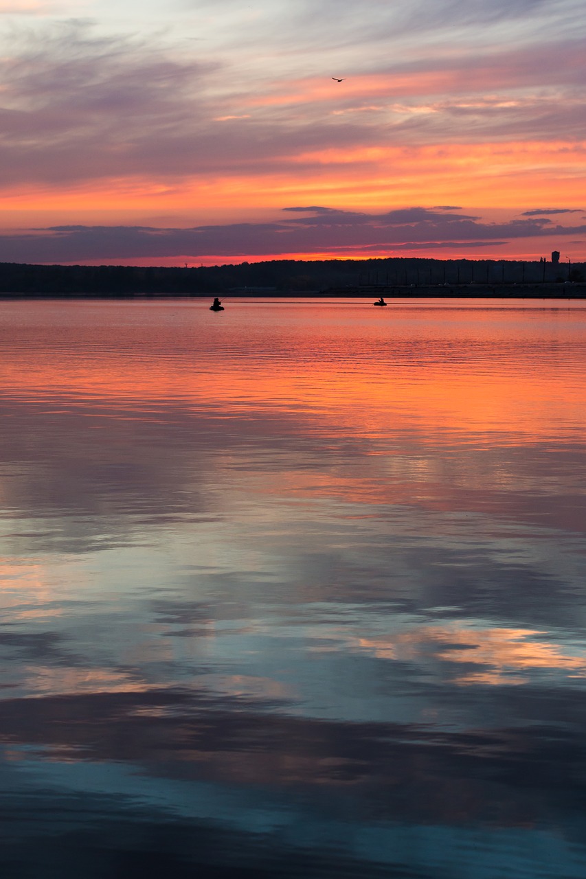 Image - sunset water lake sky fishermen