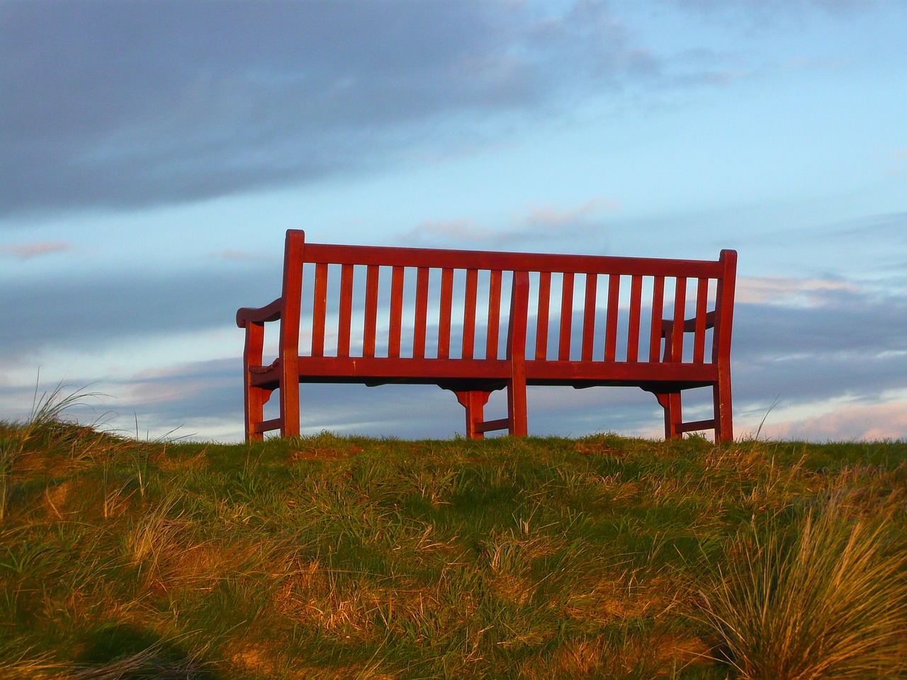 Image - bench red sky blue nature scenic