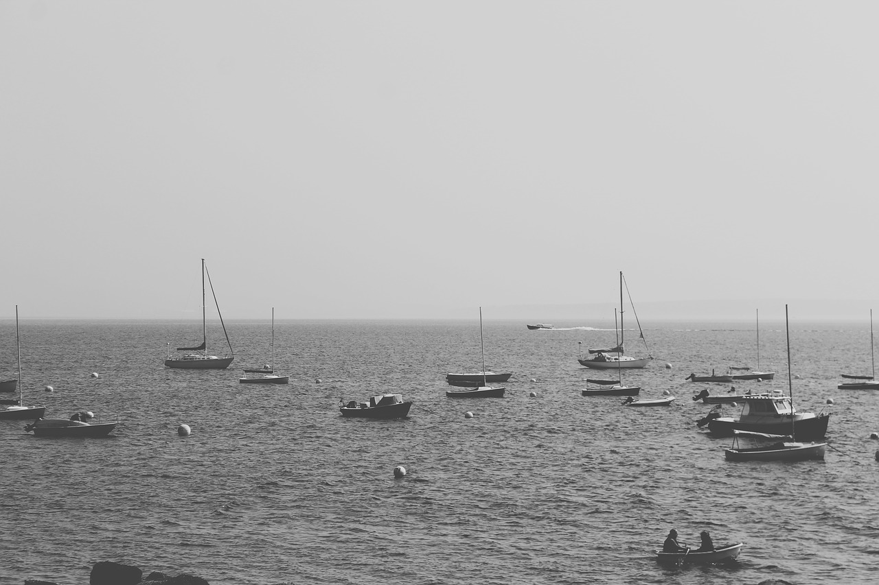 Image - black and white boats dark harbor