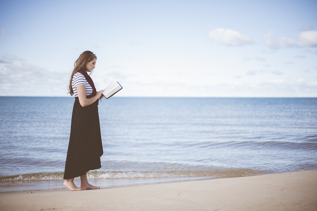 Image - beach girl ocean person reading