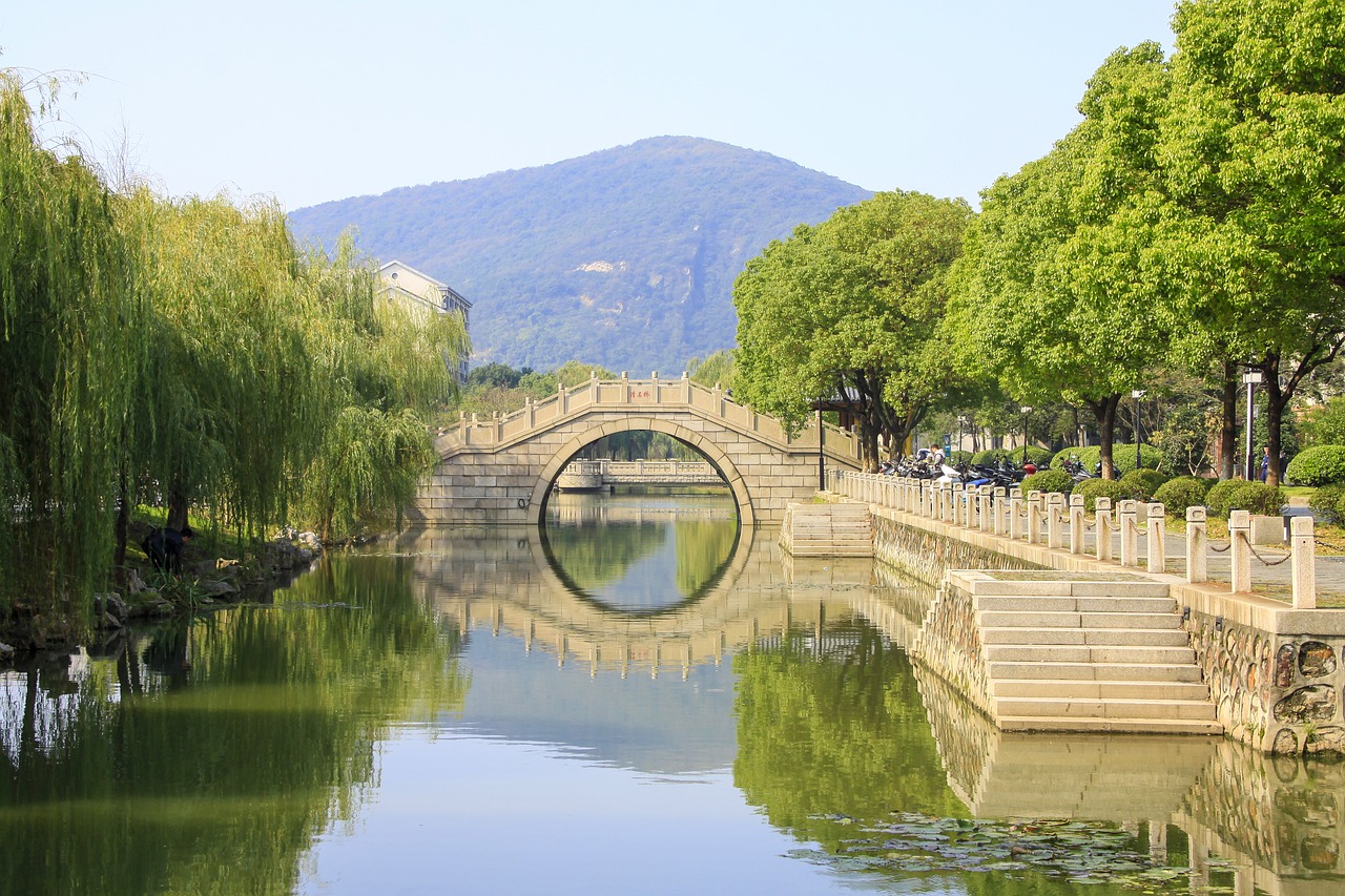 Image - bridge running water trees wuxi
