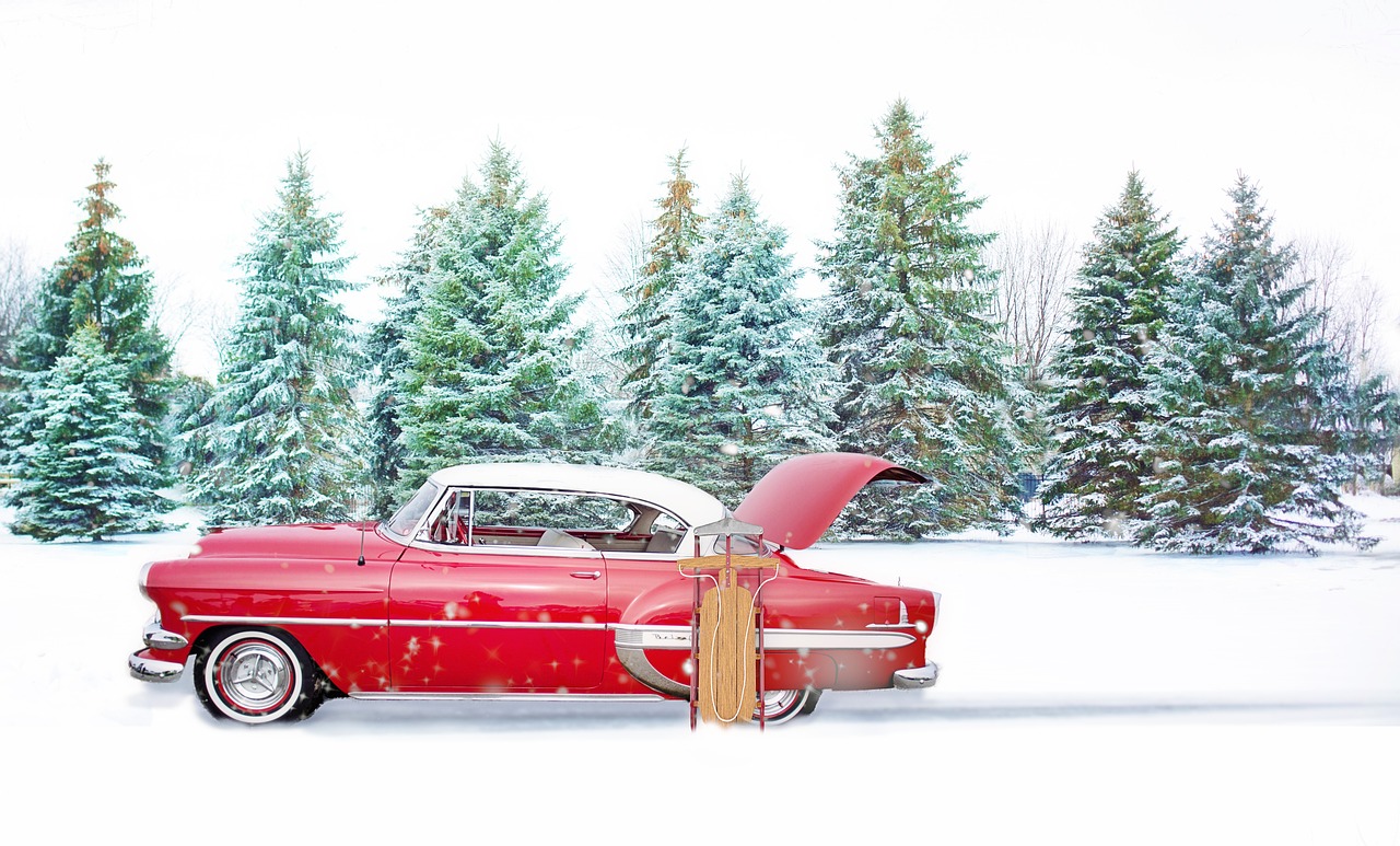 Image - red vintage car winter pines