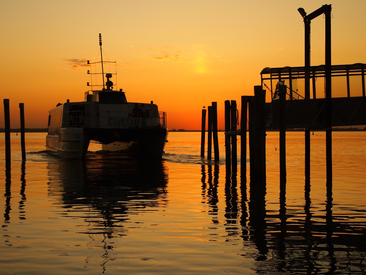 Image - road sunset pier boat catamaran