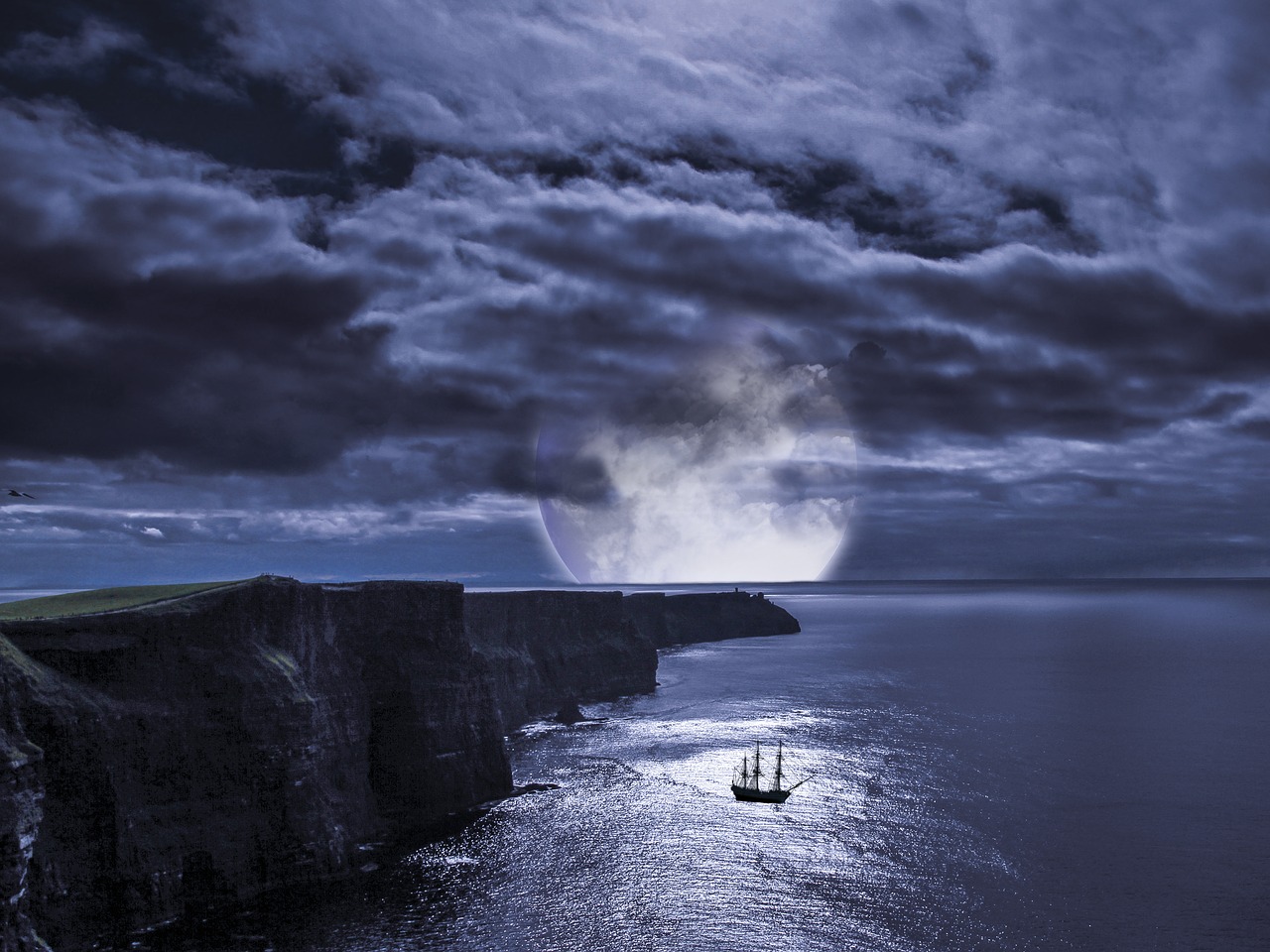 Image - cliffs ireland sailing vessel moon