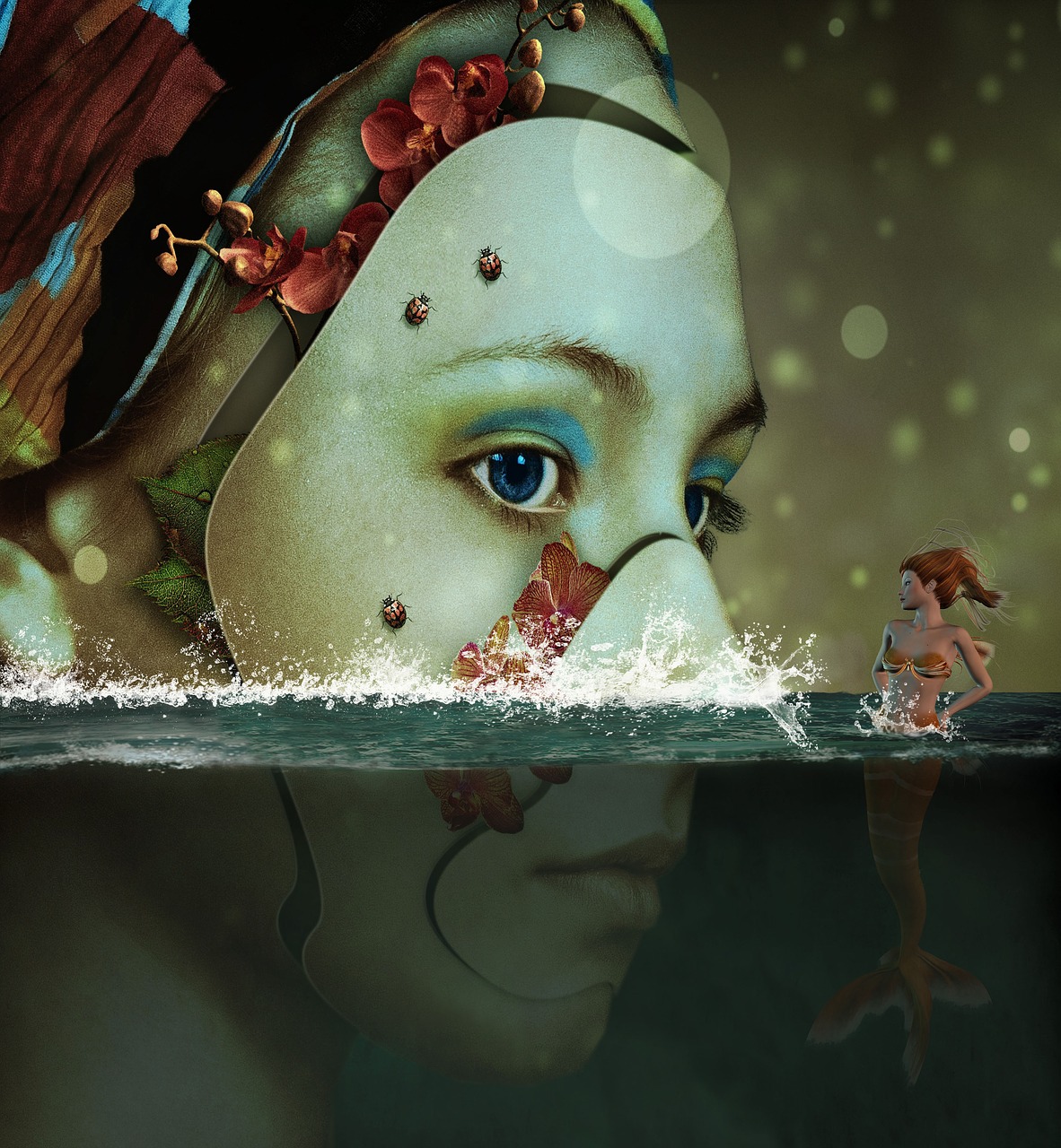 Image - woman mermaid water face fantasy