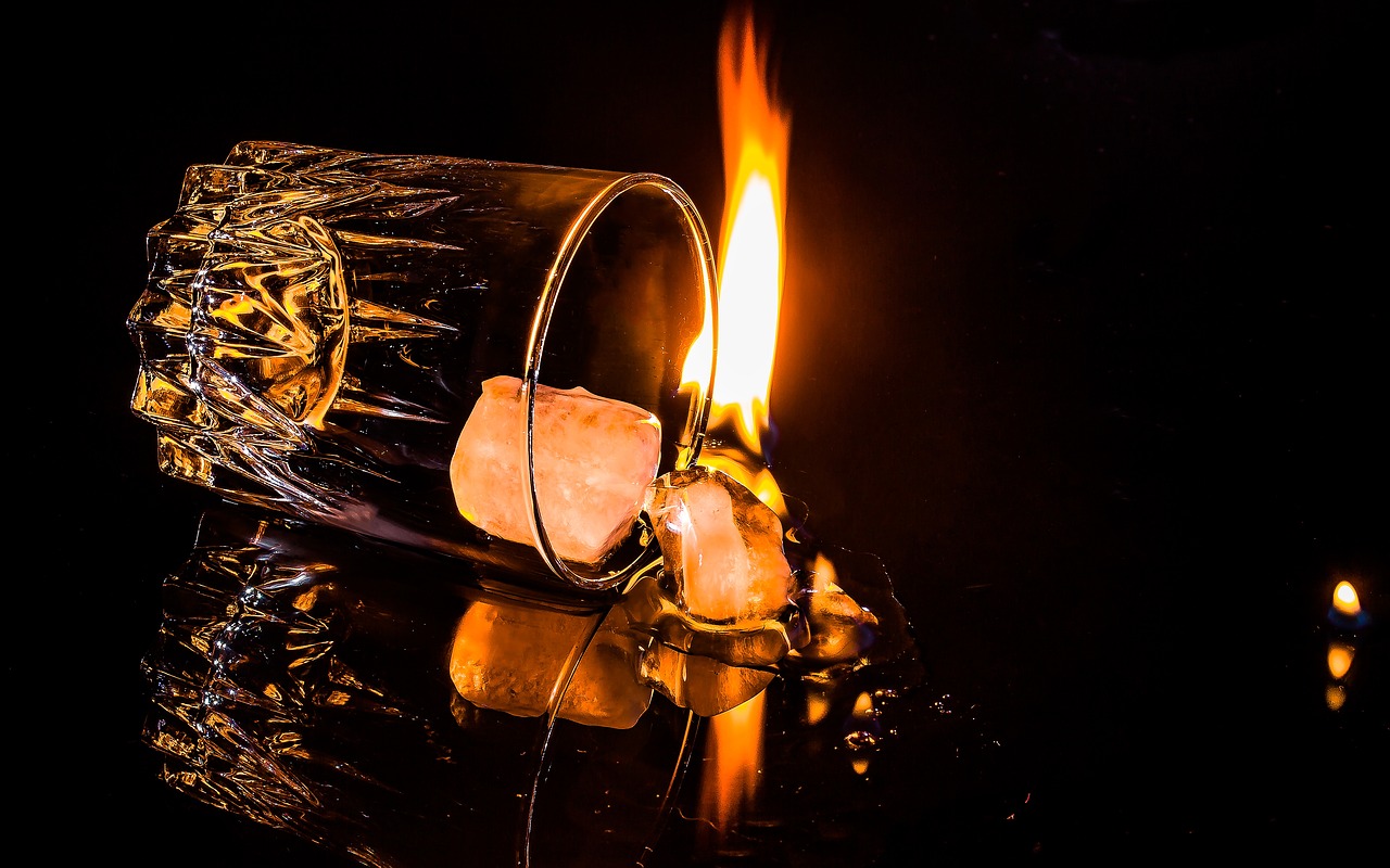 Image - glass overturned ice cubes flame