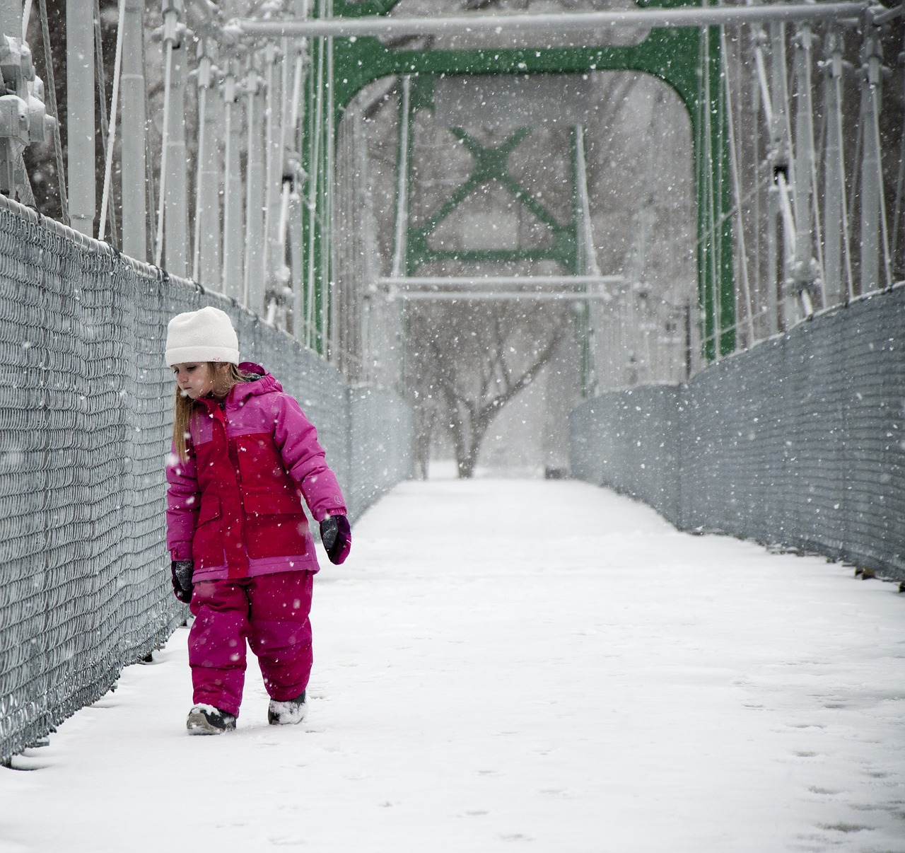 Image - girl snow bridge pink winter whit