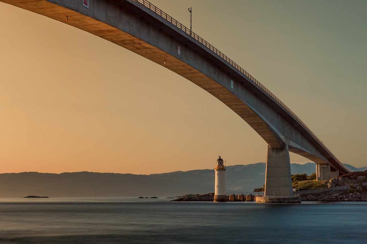 Image - bridge lighthouse sunset sea lake