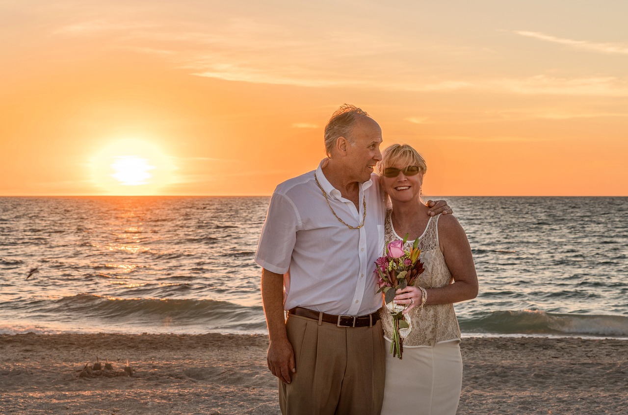 Image - beach wedding happy couple sunset