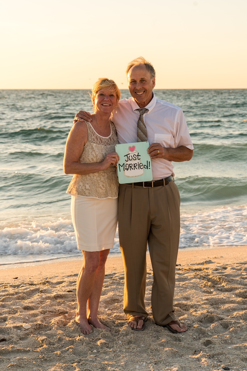 Image - beach wedding happy couple sunset