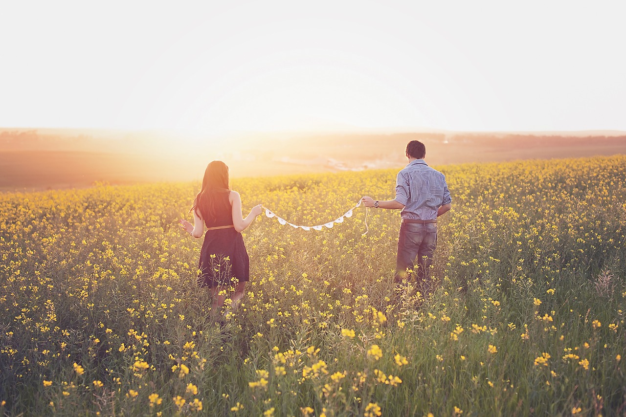 Image - canola couple field sunset in love