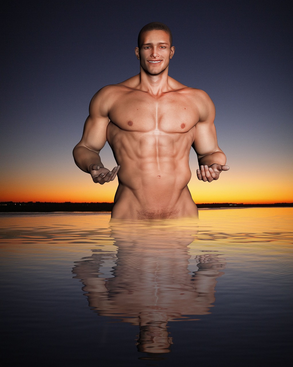 Image - half naked man water reflection