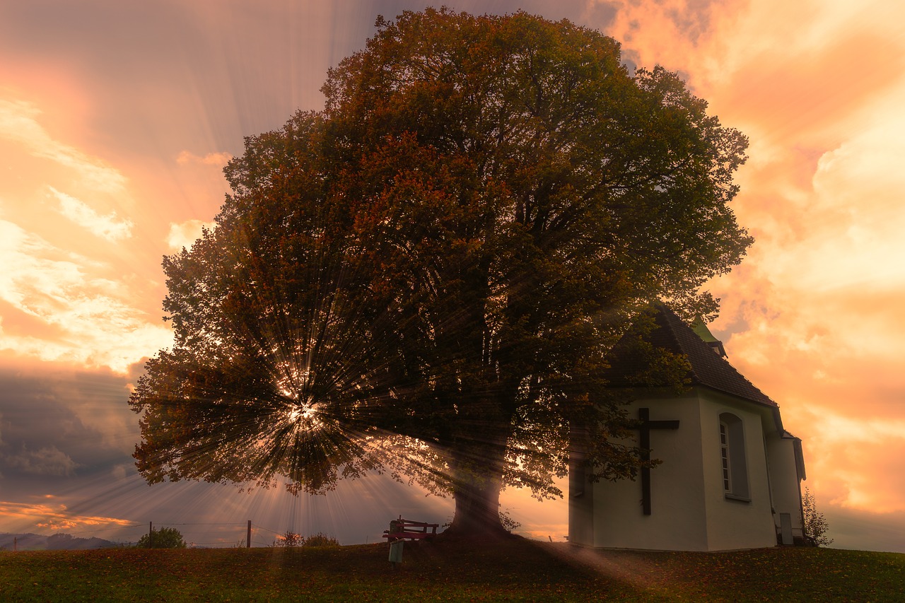 Image - sunset sunbeam chapel clouds sky