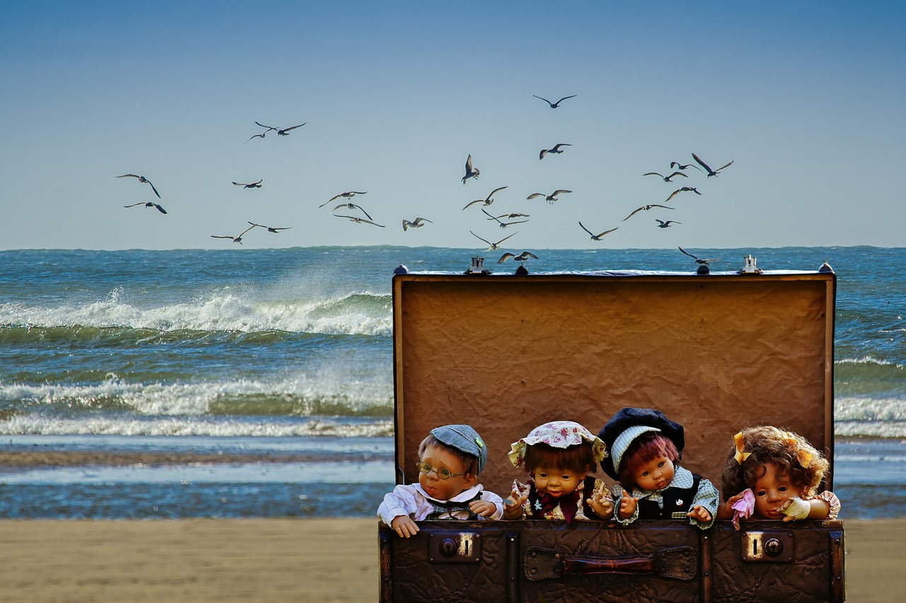 Image - luggage dolls beach gulls children