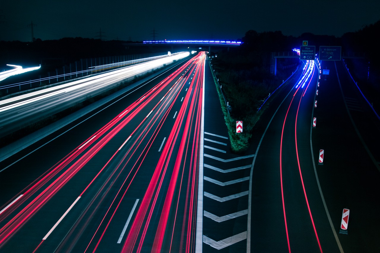 Image - traffic lights highway night blue