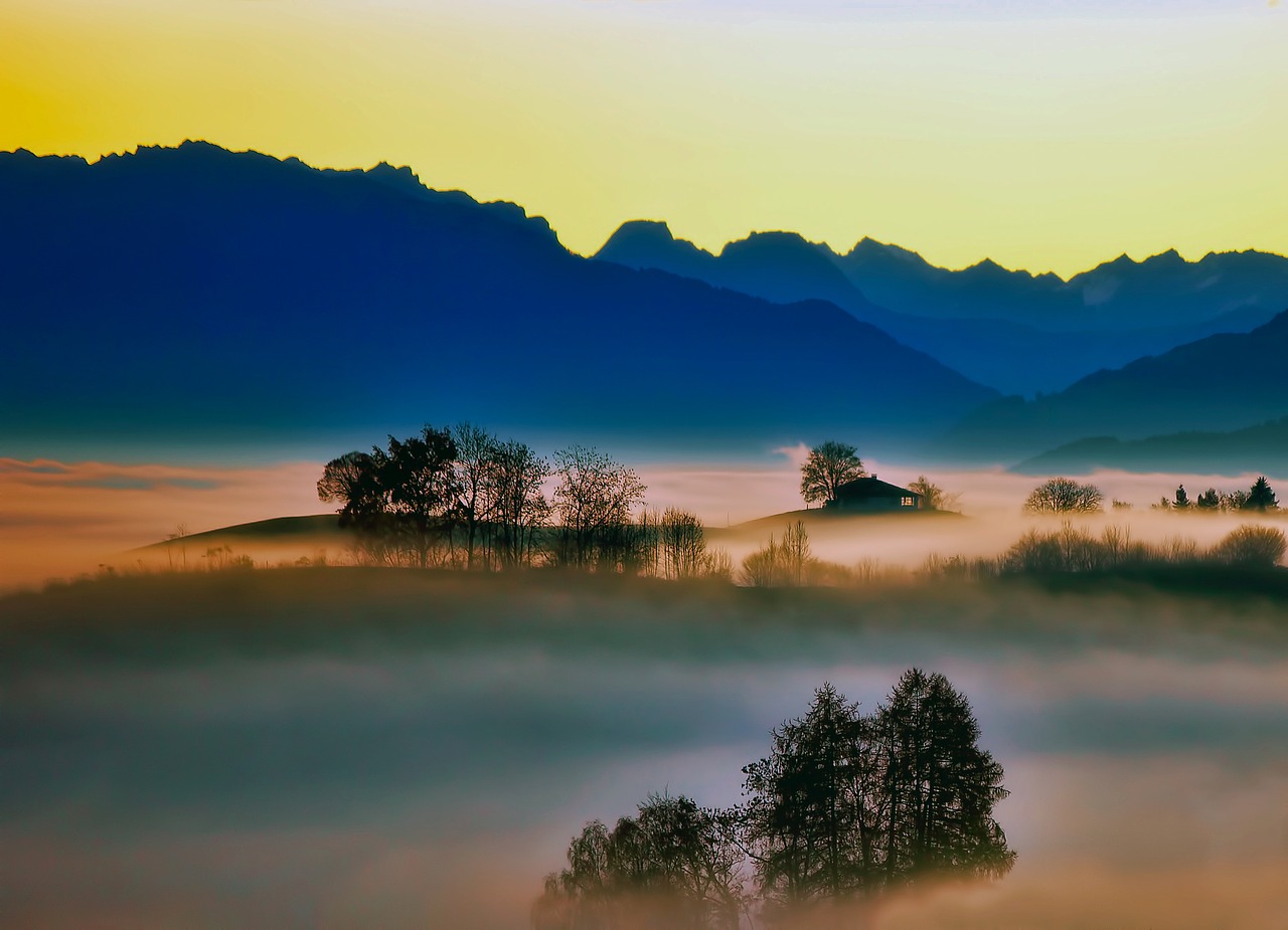 Image - sunrise fog silhouettes mountains