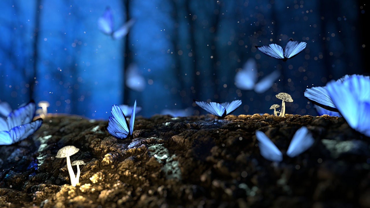 Image - butterfly 3d blue mushroom forest