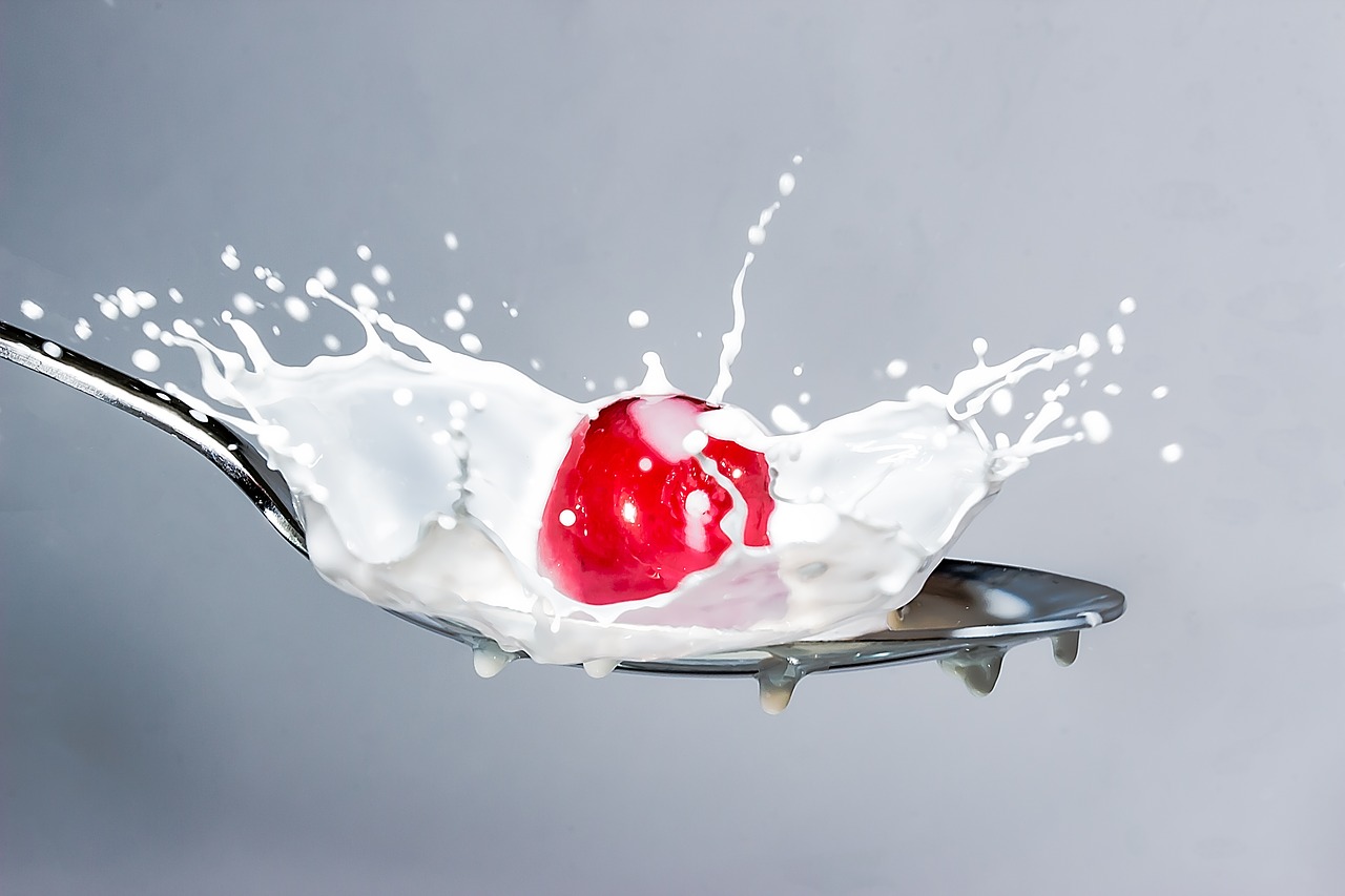 Image - milk splash milk cherry spoon