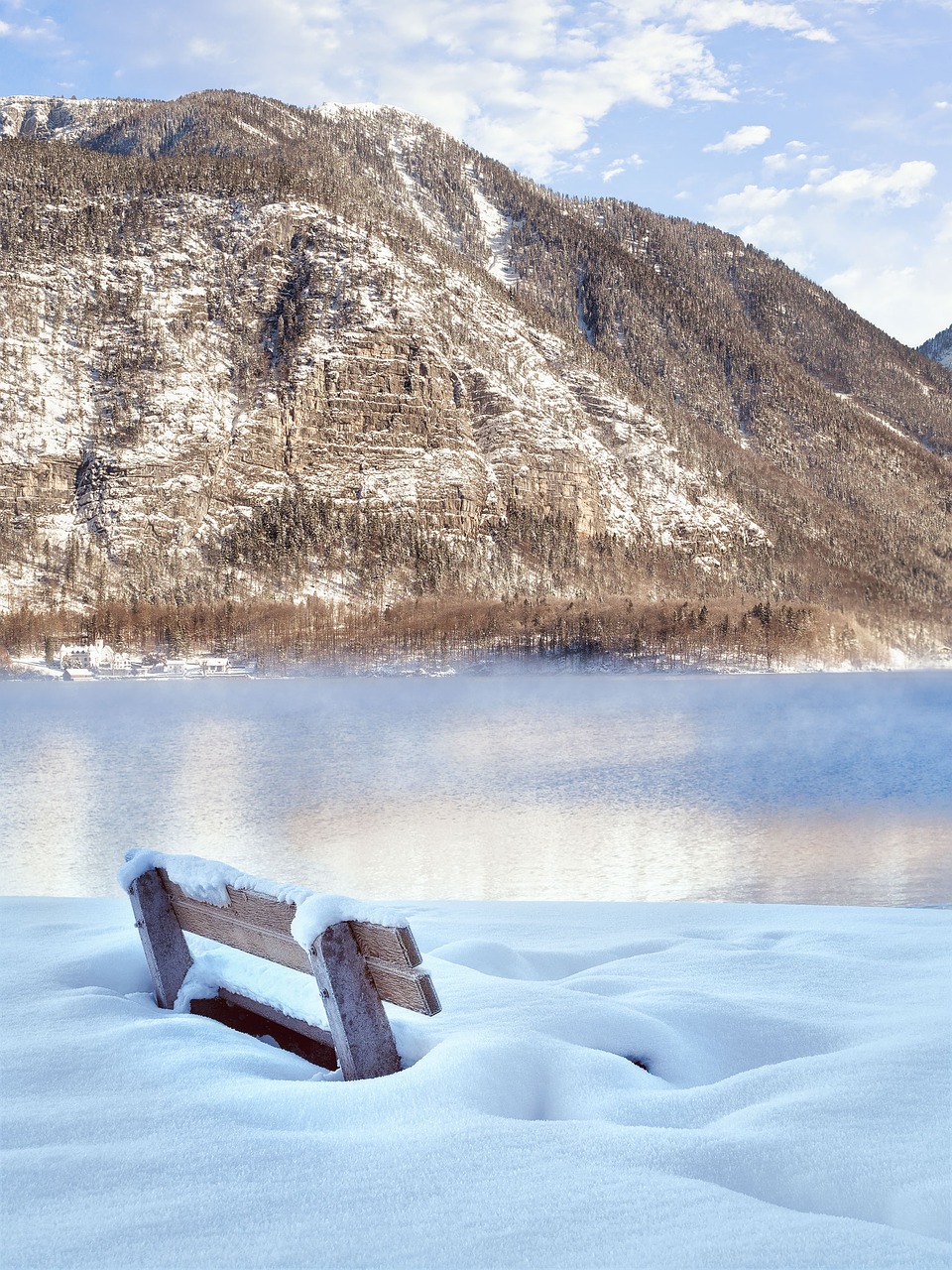 Image - bank winter lake hallstatt wintry