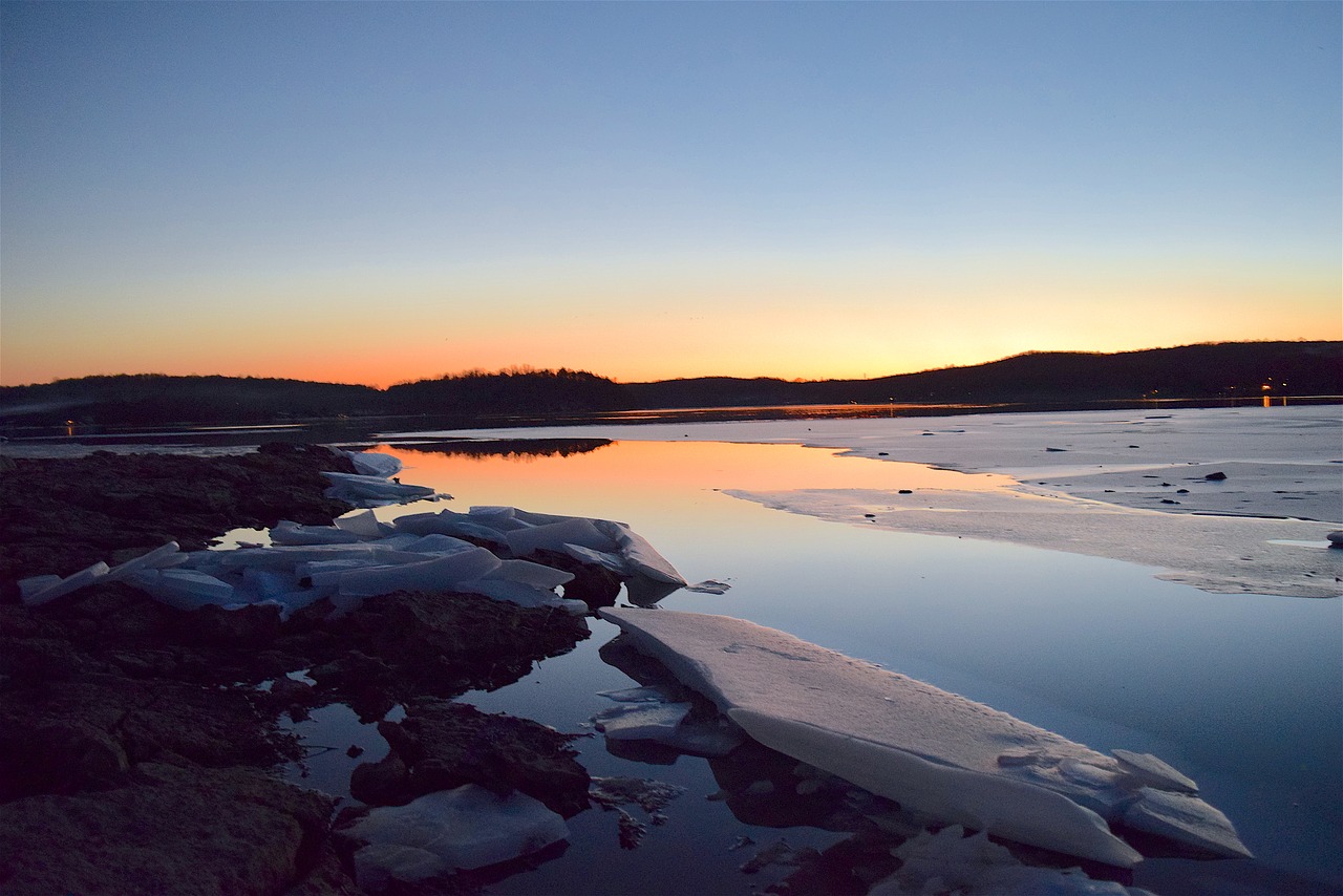 Image - lake sunset ice rock reflection