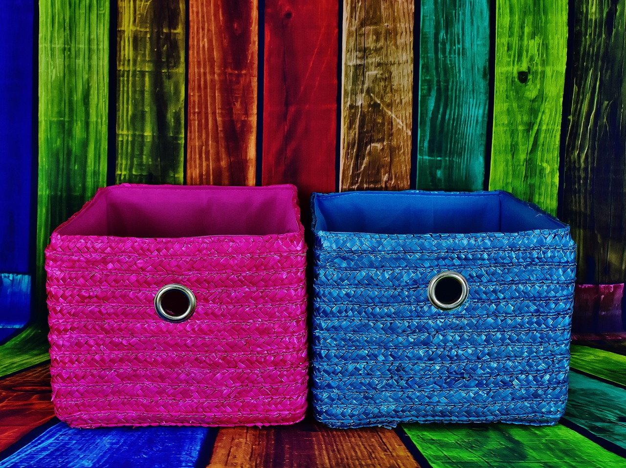 Image - baskets pink blue colorful storage