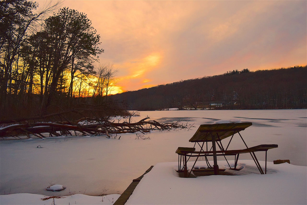 Image - sunset lake trees bench sky