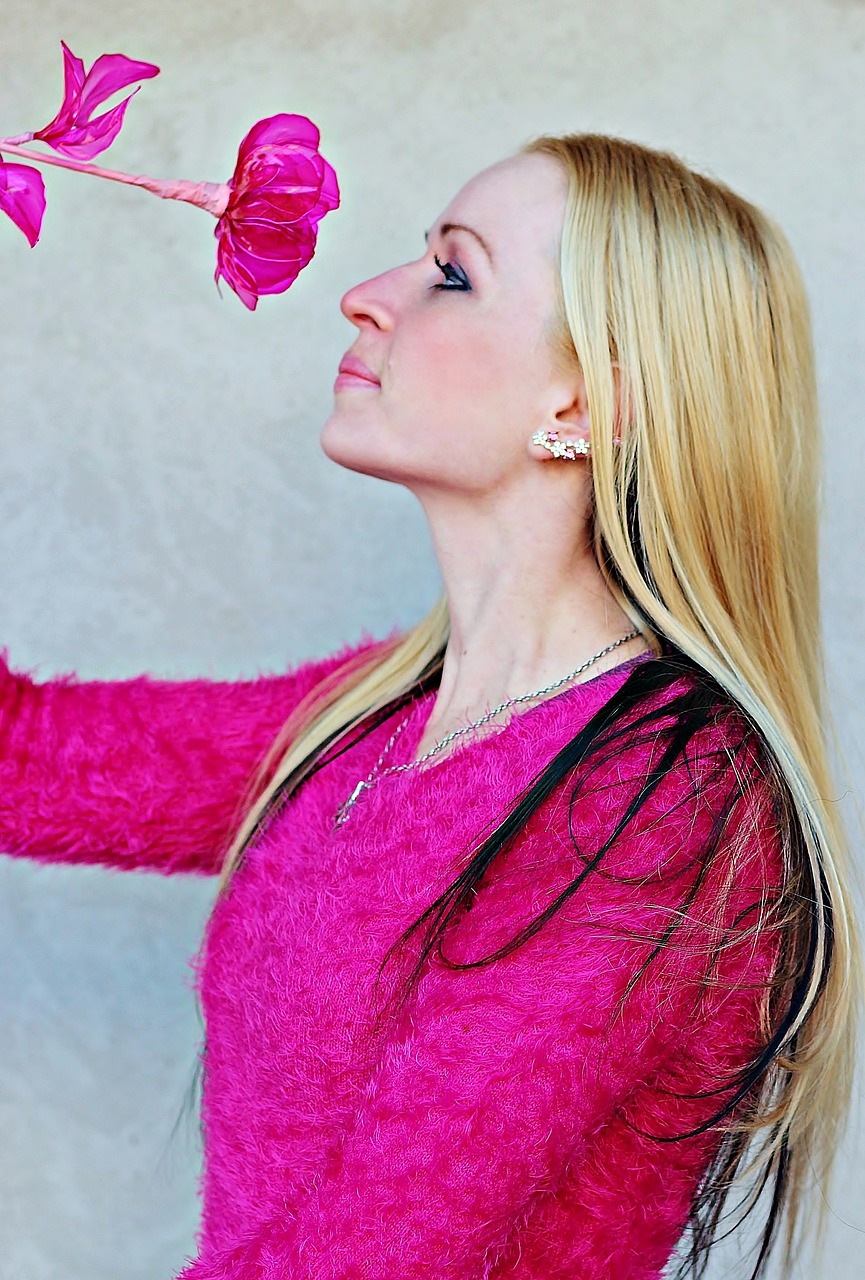 Image - blonde woman pink rose beauty