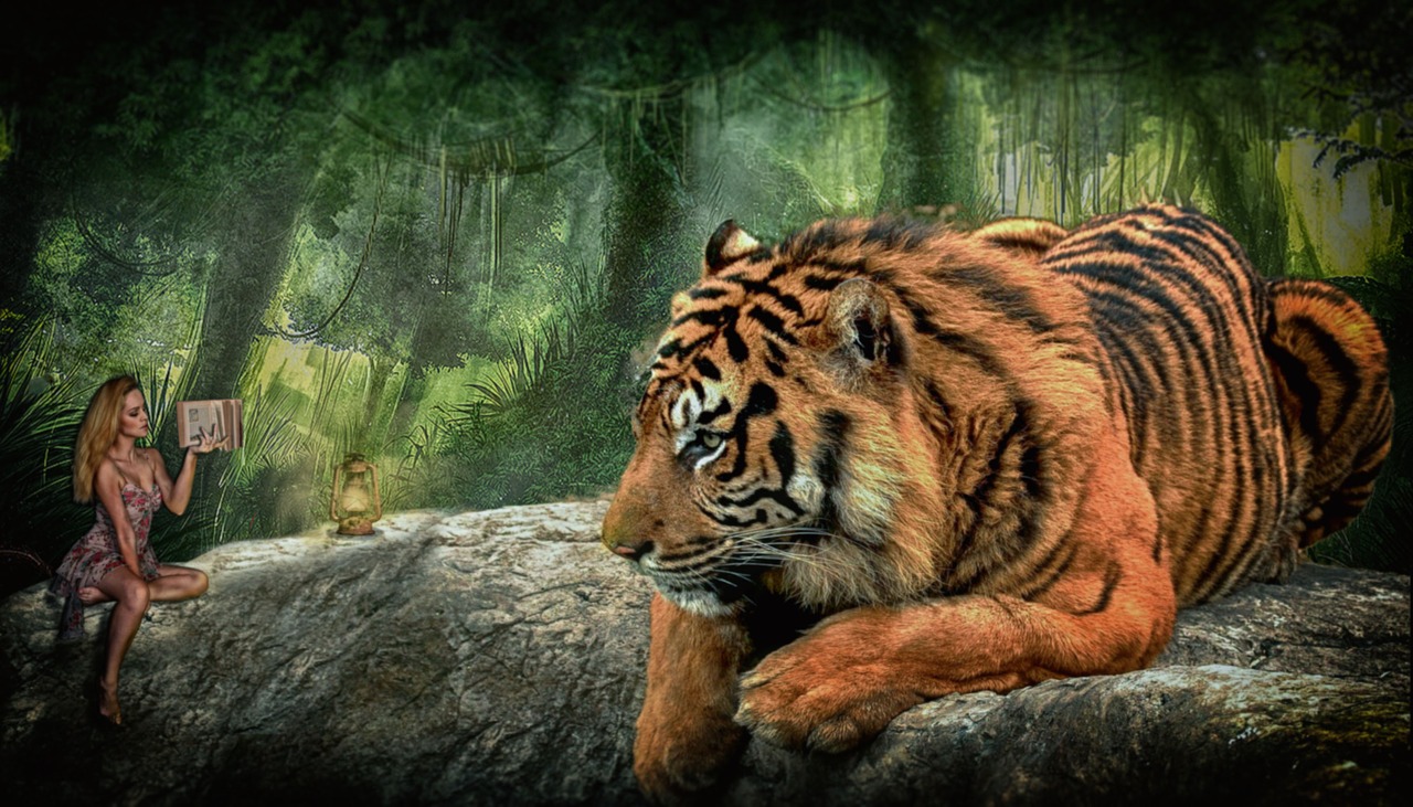 Image - tiger woman forest fairytale mood