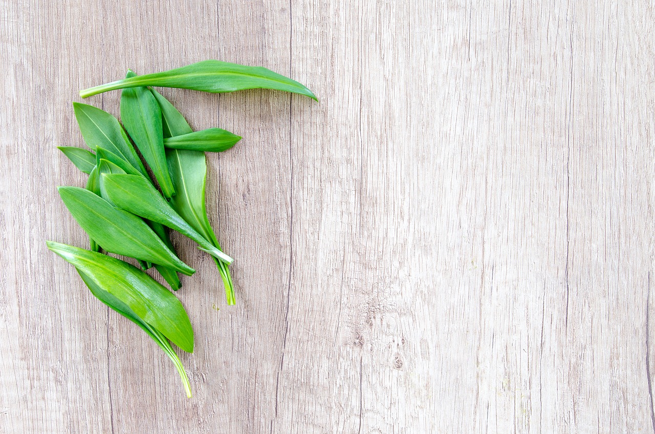 Image - wood table herb garlic food green