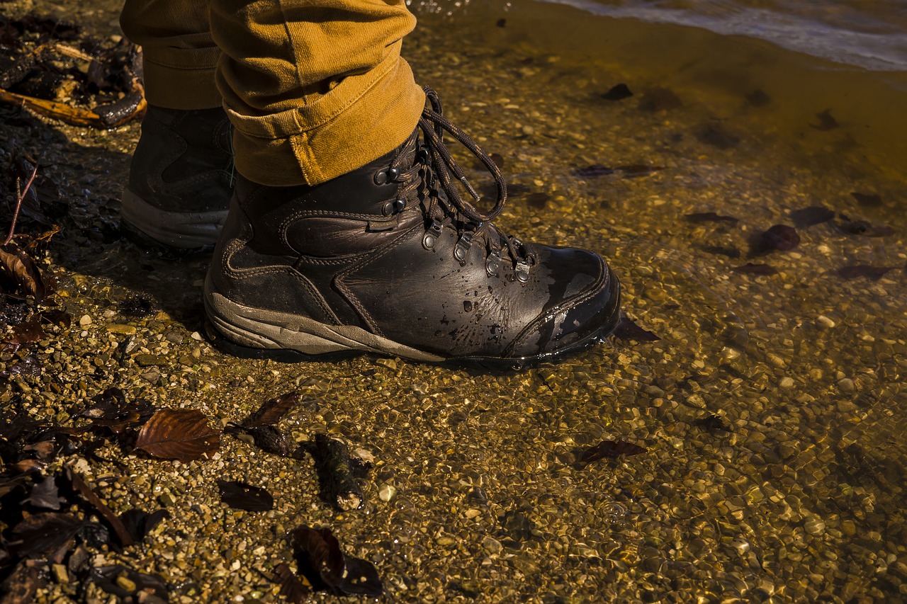 Image - hiking shoes bank pond lake water