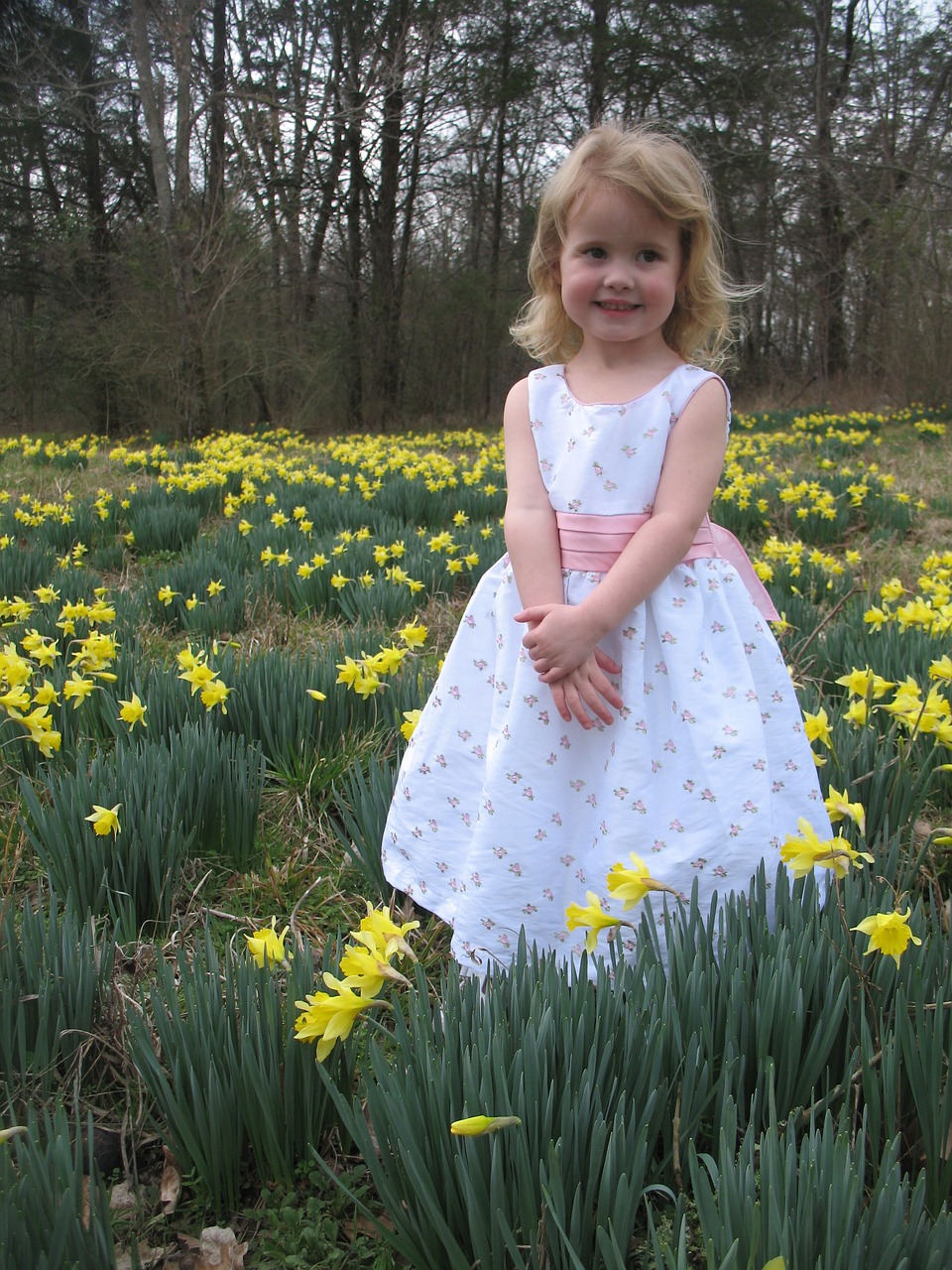 Image - girl daffodil field spring happy