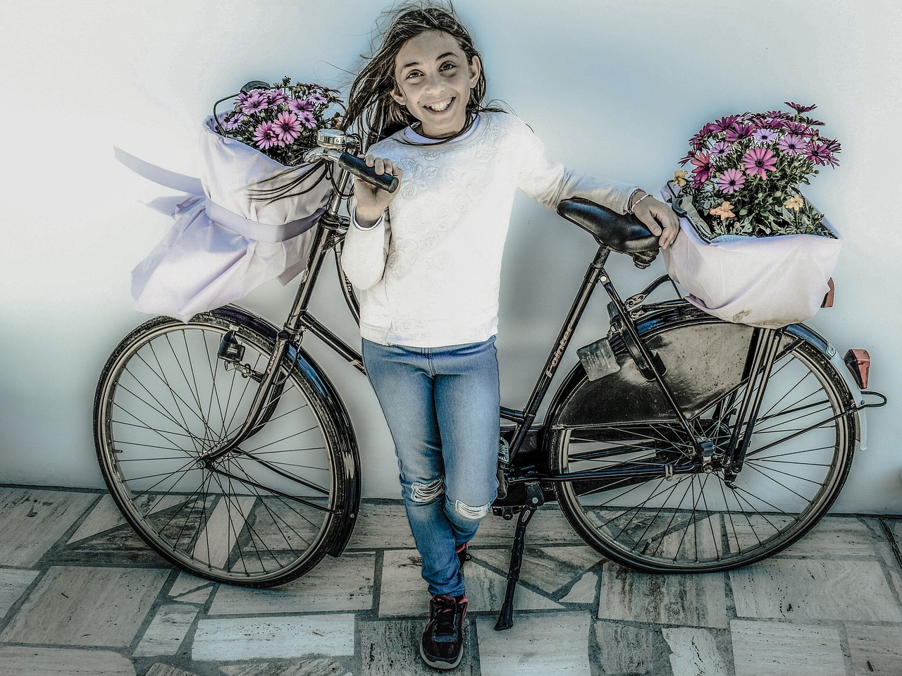 Image - girl bicycle flowers spring