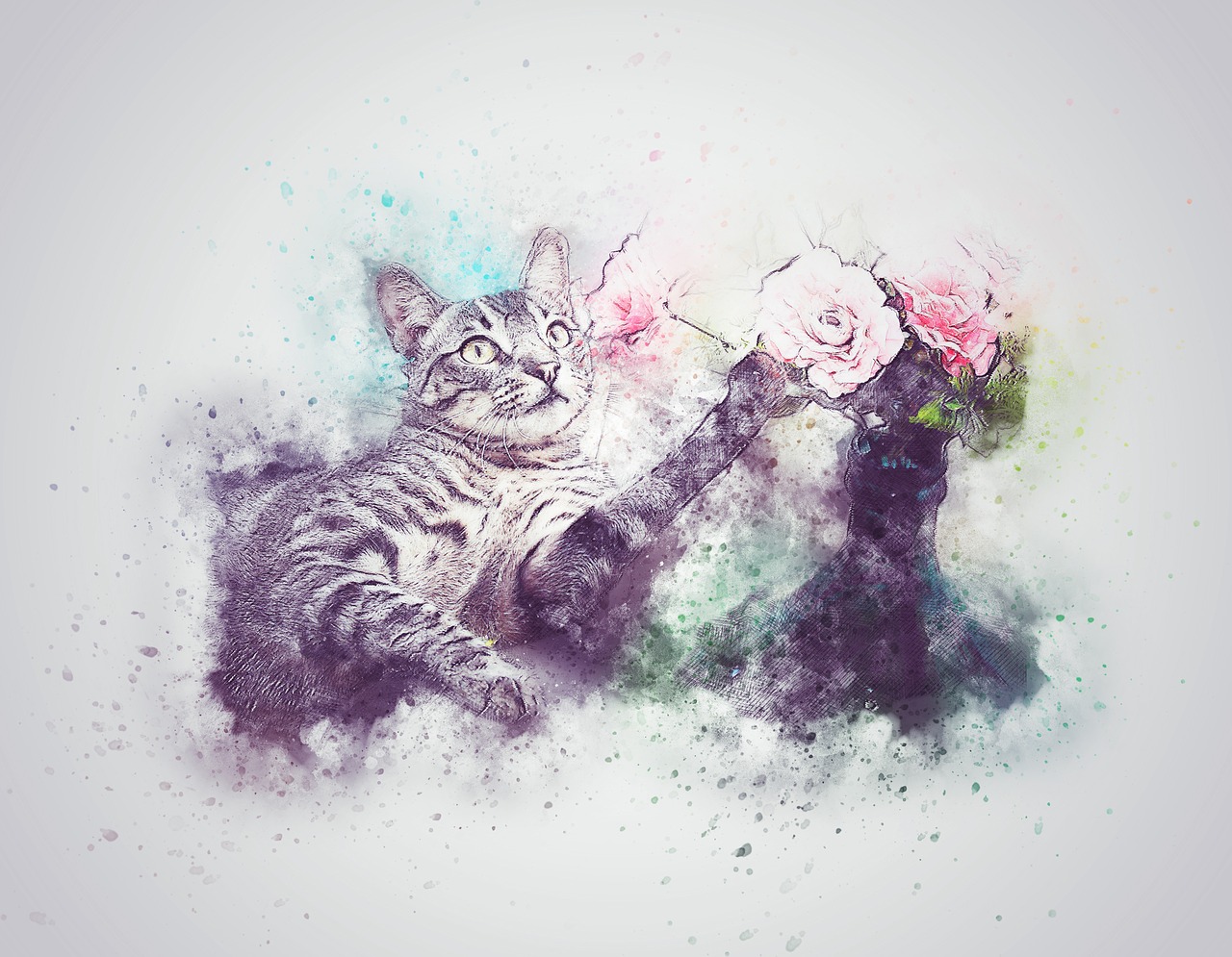 Image - cat pet flower cute art abstract