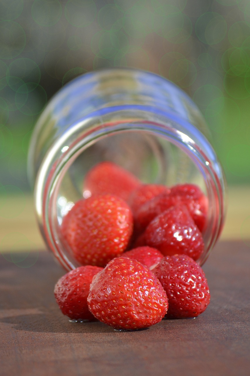 Image - strawberry plate jar outdoors food