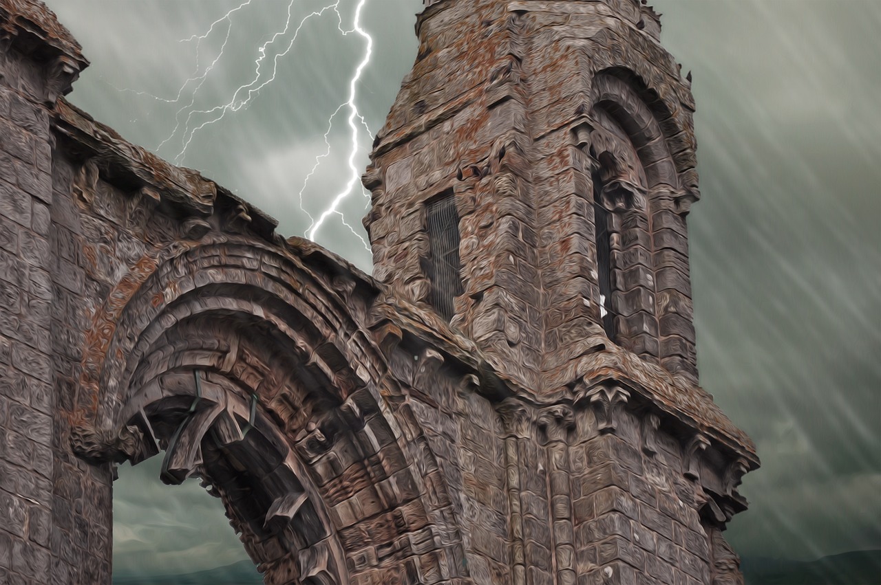 Image - ruins cathedral grey sky storm