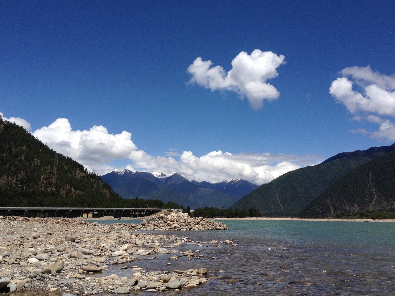 Image - snow capped mountains river riverside