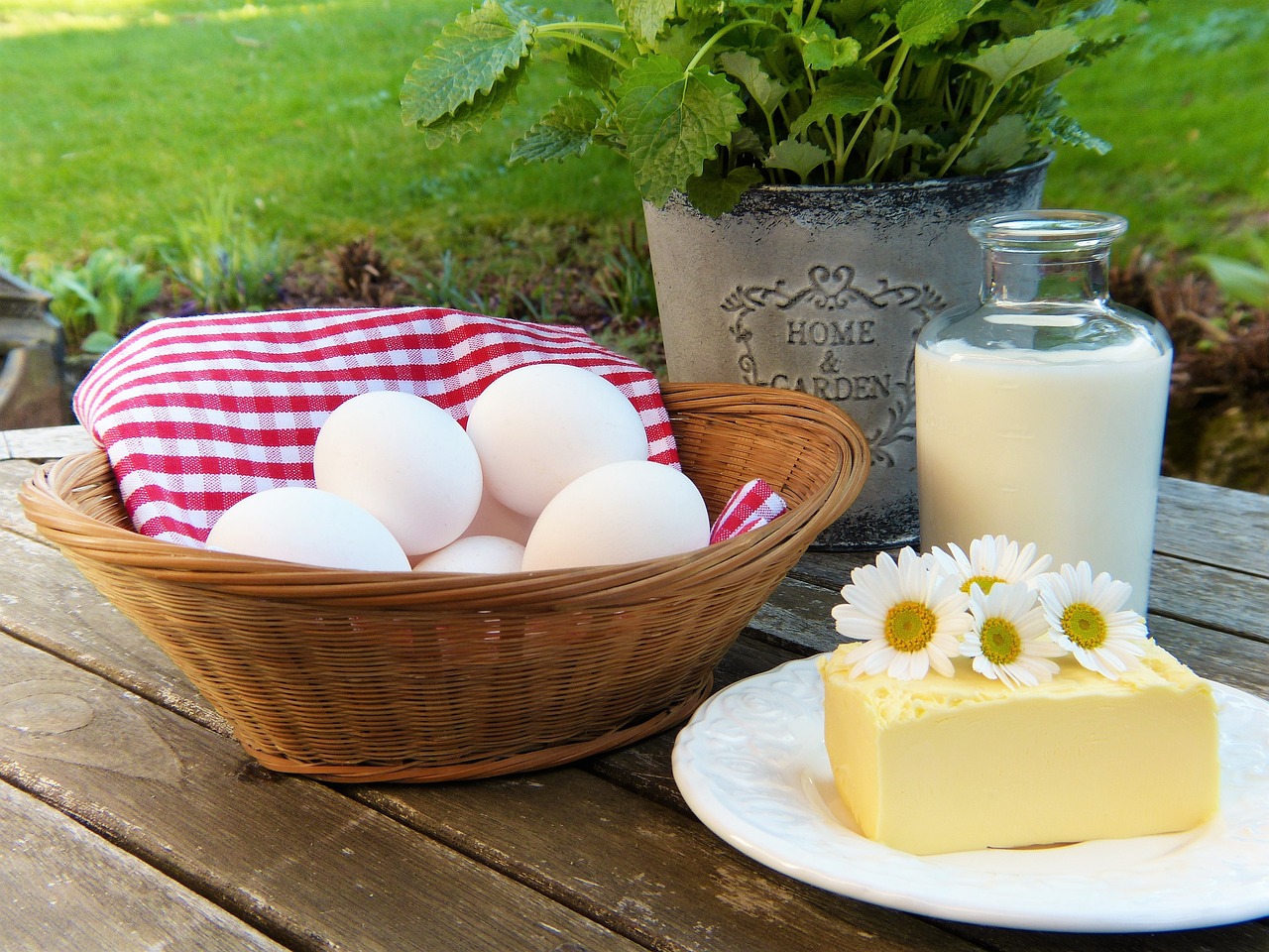 Image - egg milk butter out garden herbs